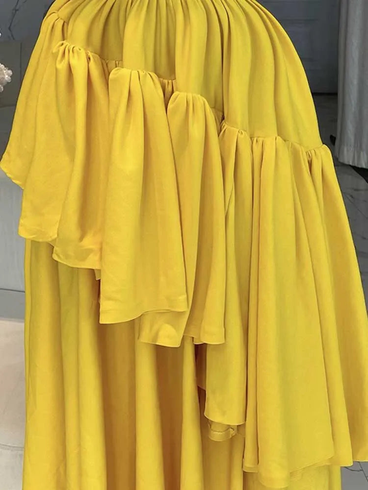 Elegant Long Bow Spaghetti Strap Light Yellow Dress