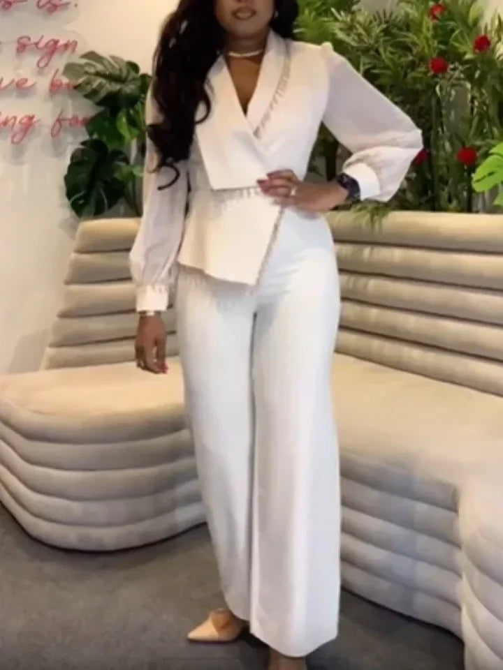 AOMEI Elegant Polo Bubble Sleeve Loose Wide Leg Pants