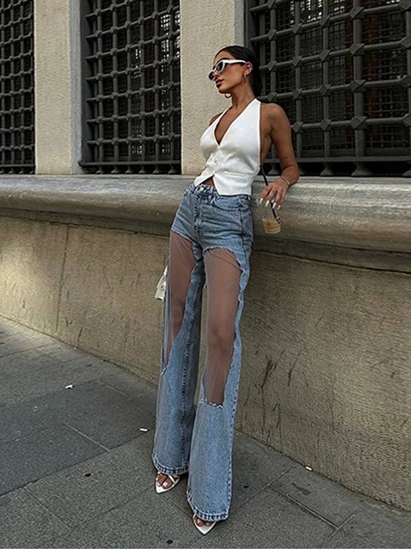 Blue Denim With Sheer Mesh Knee Panels Hip Hop Style
