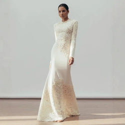 O-neck Long Sleeve Lace Hollow Out Slim Elegant Dress