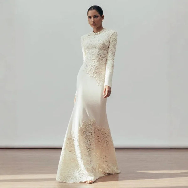 O-neck Long Sleeve Lace Hollow Out Slim Elegant Dress