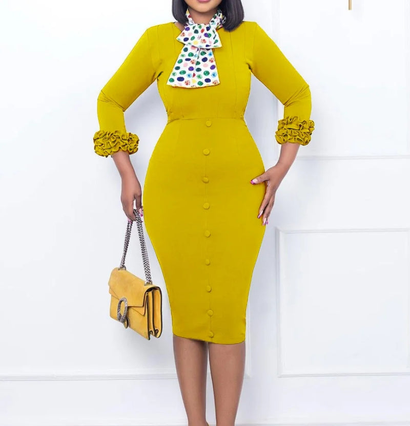 Spliced Long Sleeve Slim Fit Wrap Hip Split Elegant Dress