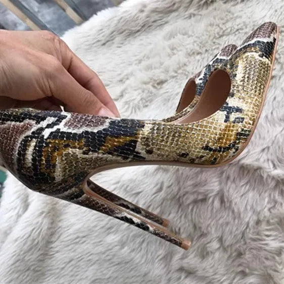 Pointed High Heel Pumps Snakeskin Pattern Shallow