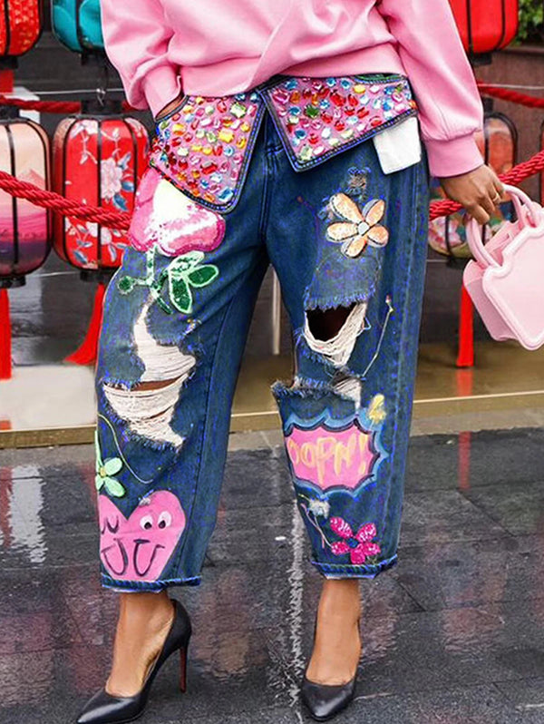 Spring Floral Embroidery Diamonds Beaded Holes Denim Pants