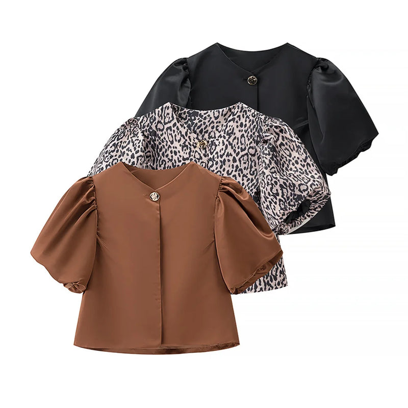 Casual Bubble Sleeve Shirt Round Neck Button