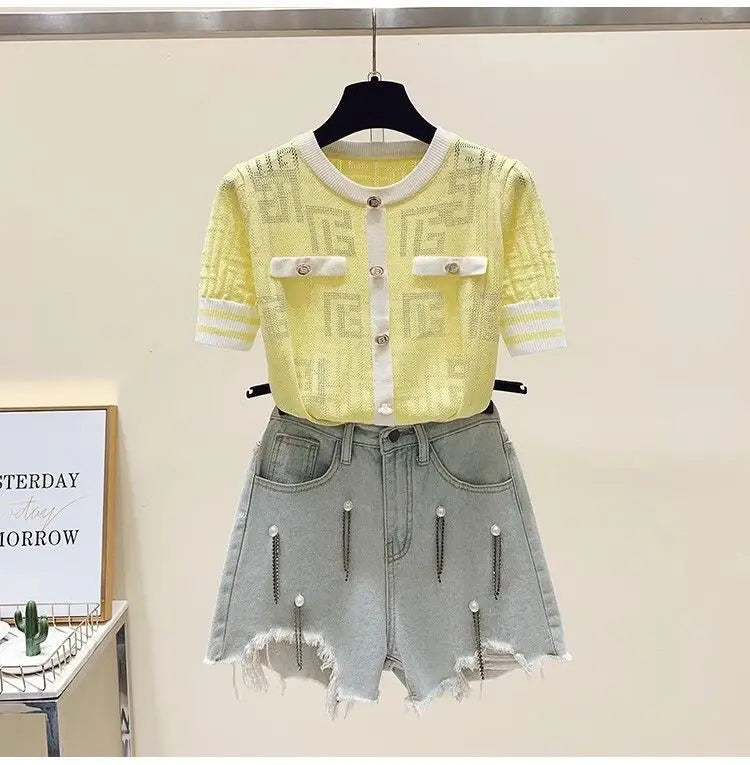 Short Sleeve Knitting Geometric Thin O-neck Pullover Top Tee