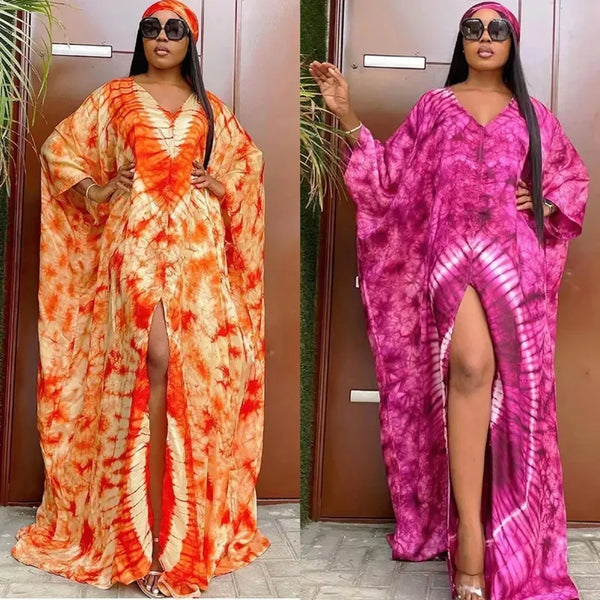 African Retro Long Robe Printed Large Hem with Headscarf