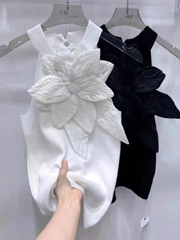 Sleeveless Knitted Vest Round Neck Black White Tank Tops