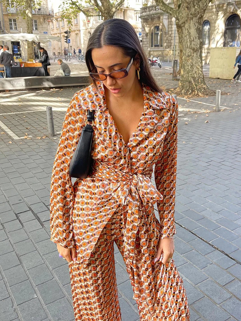 Turn-Down Collar Pajama Sleepwear Wide Leg Pants