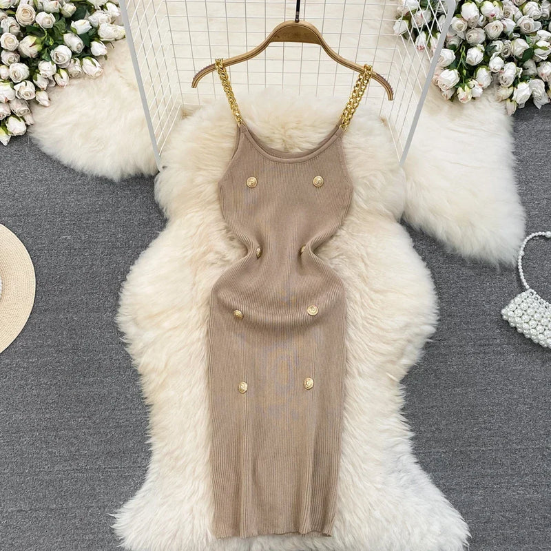 Casual Chain Slip Sleeveless Elastic Knit Bodycon Dress