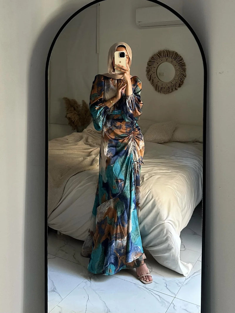 Exotic Floral Printed Long Skirt with Pleated Waist Dress