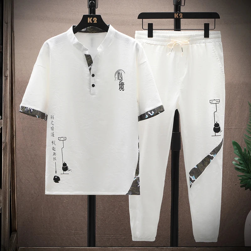 Cotton Linen Blend Short Sleeve V-neck T Shirts Pants