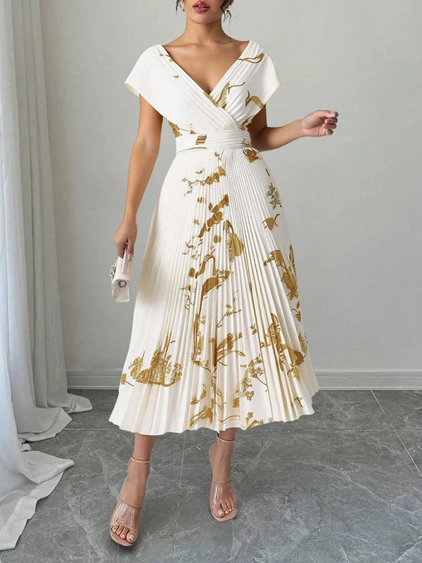Elegant Pleated Directional Short Sleeve V-Neck A Line Midi Dress