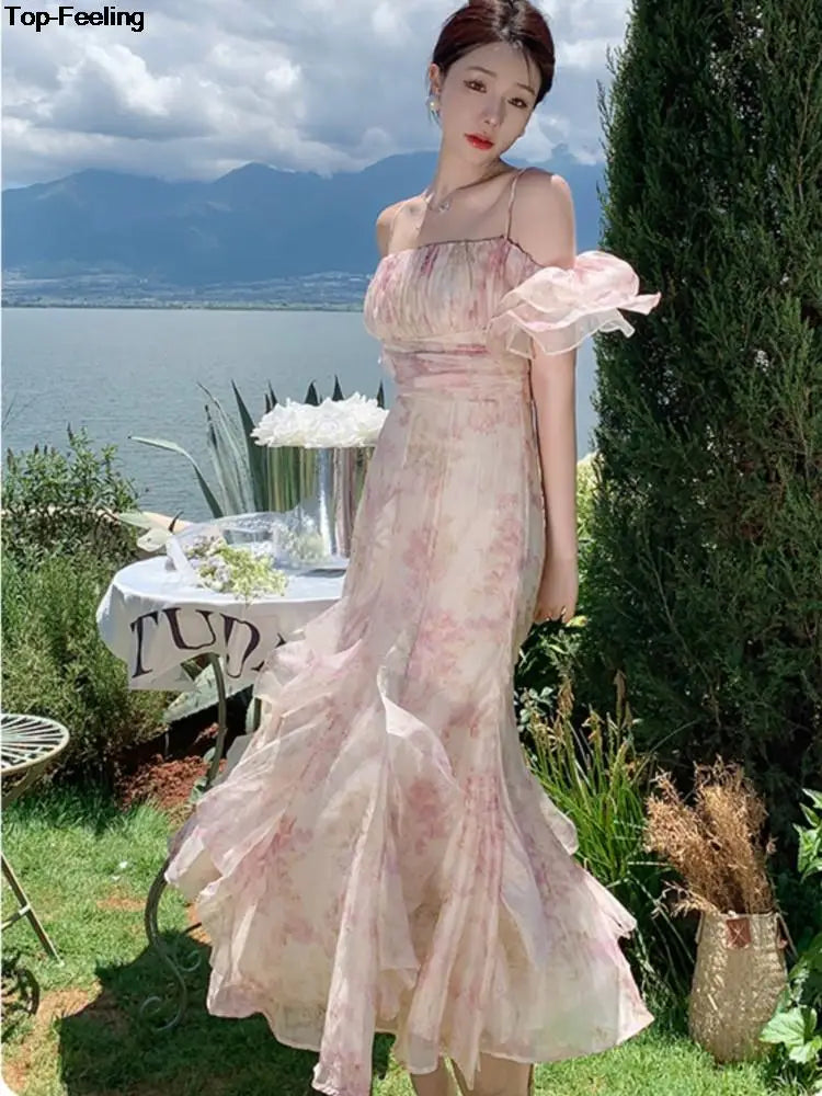 Summer Elegant France Vintage Bodycon Ruffles Dress