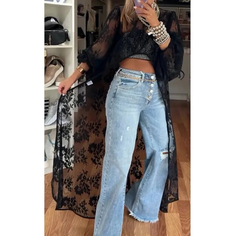 Shirt Top With High Neck Puff Sleeve Through Hollow-Out Front Short After Long Top Blouse