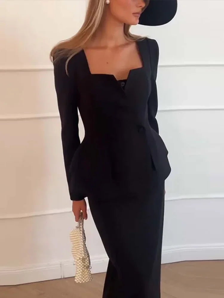 Elegant Blazer Breasted Square Collar Jacket And Midi Skirt