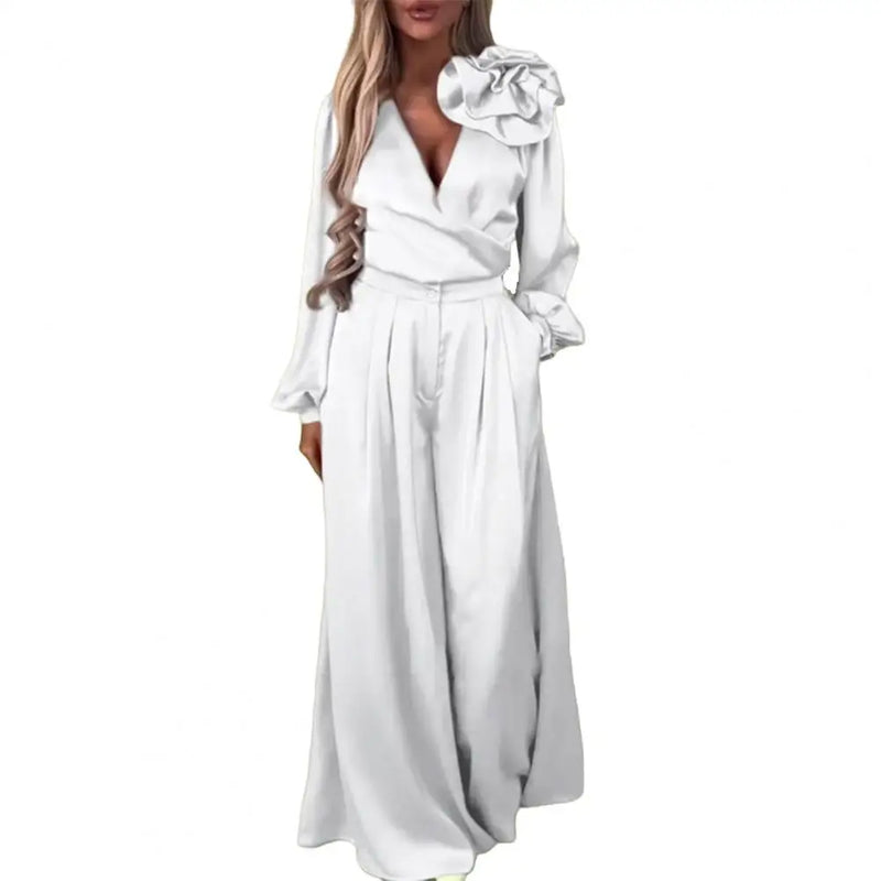 Flower Satin V Neck Long Sleeve Blouse High Waist Wide Leg Trousers