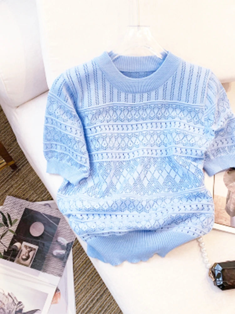 Summer Crew Neck Pullover Sweater Versatile Short Sleeve