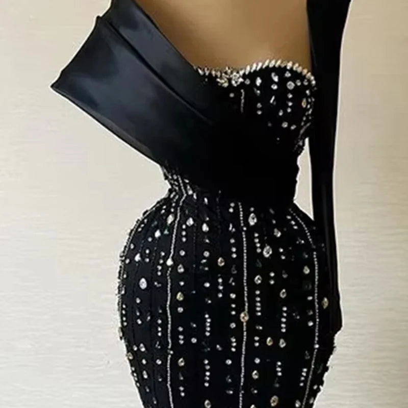 Black One - Shoulder Evening Dresses with Rhinestone Encrusted Bodycon Dress