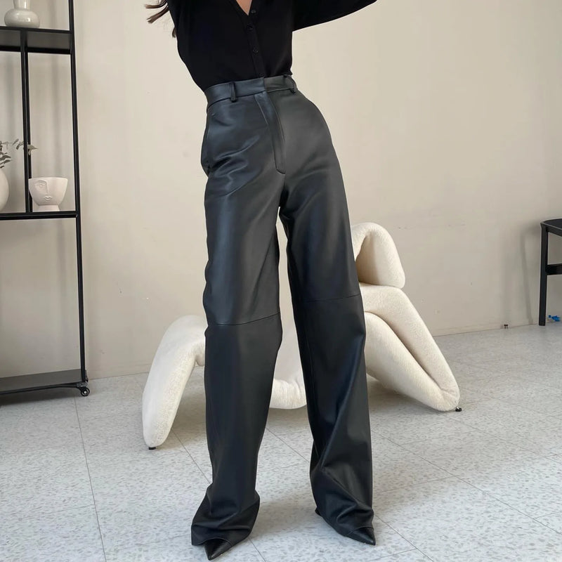 Solid Color PU Leather High Waist Straight Trousers