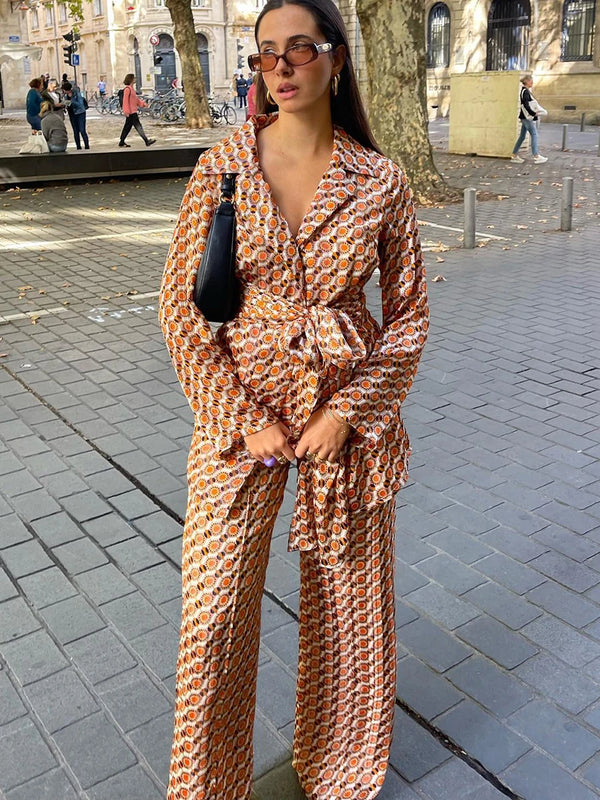 Turn-Down Collar Pajama Sleepwear Wide Leg Pants