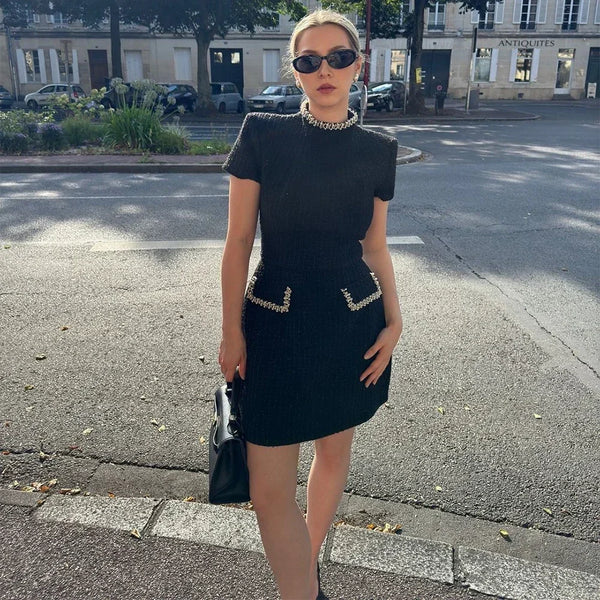 Elegant Tweed A-Line Slim Short Sleeve Retro O-Neck Patchwork Dress