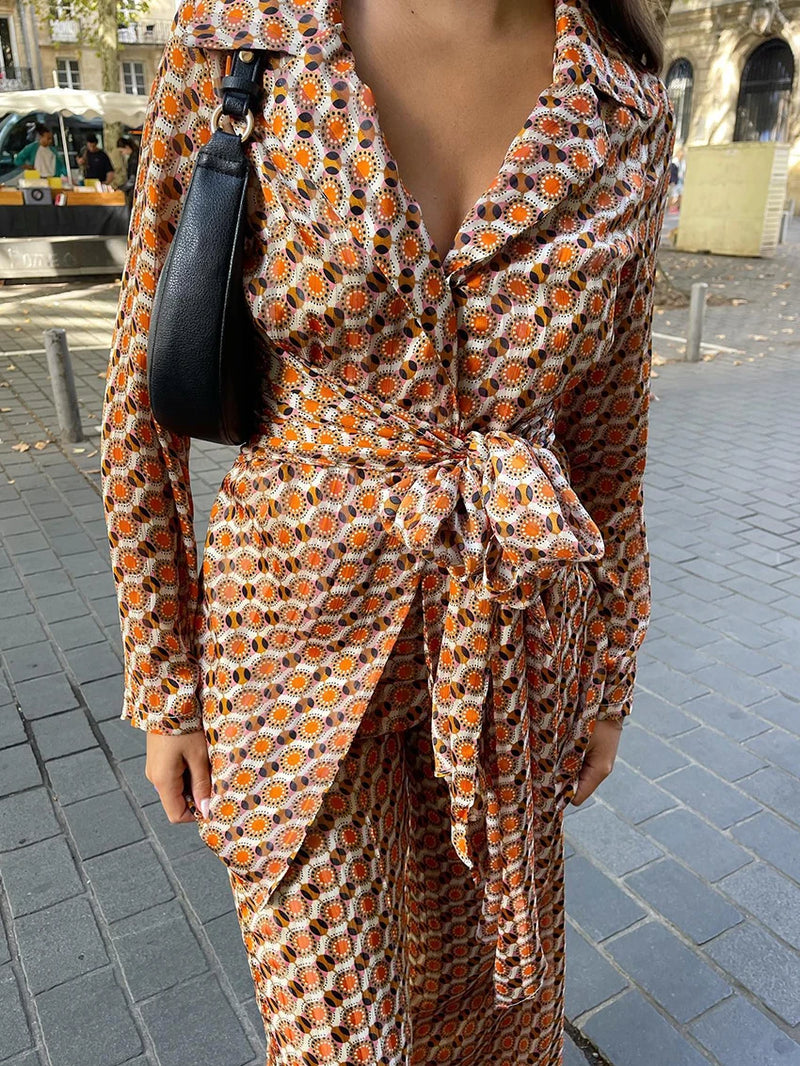 Turn-Down Collar Pajama Sleepwear Wide Leg Pants