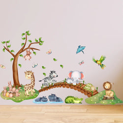 Cartoon Animal Elephant Zebra Giraffe Bridge Wall Sticker