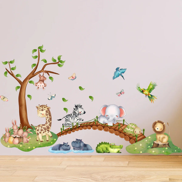 Cartoon Animal Elephant Zebra Giraffe Bridge Wall Sticker