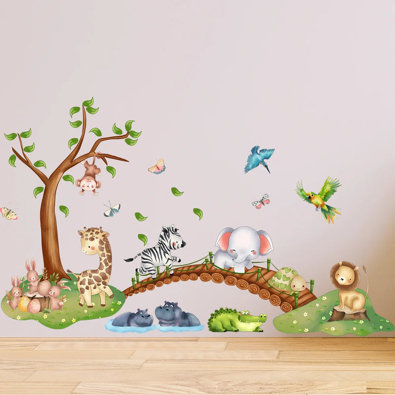 Cartoon Animal Elephant Zebra Giraffe Bridge Wall Sticker