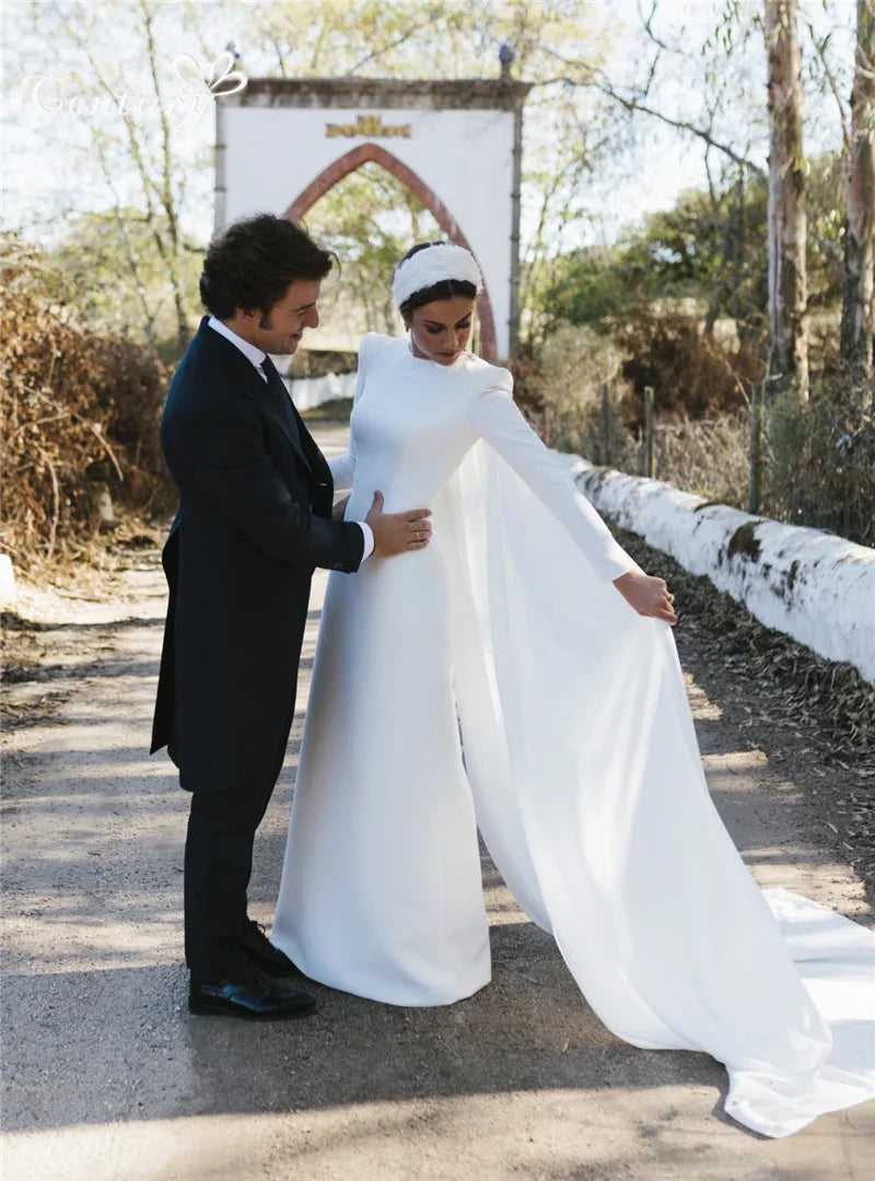 Civil Wedding Dress Long Sleeve with Cloak Open Back