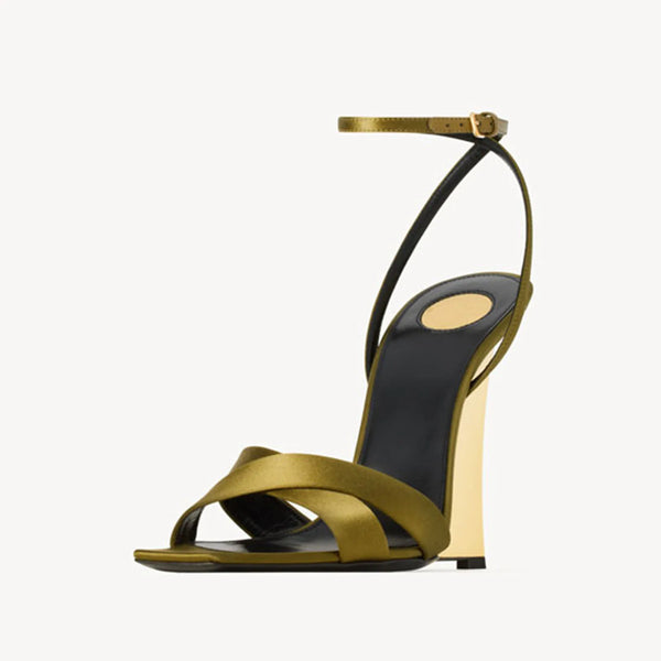 Satin Wedges Round Toe Belt buckle high heel