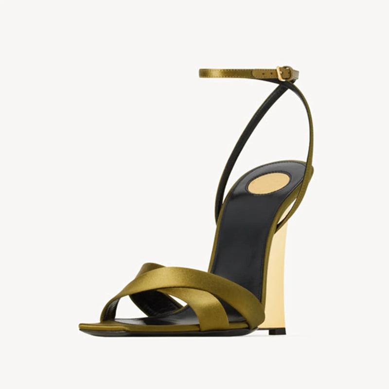 Satin Wedges Round Toe Belt buckle high heel