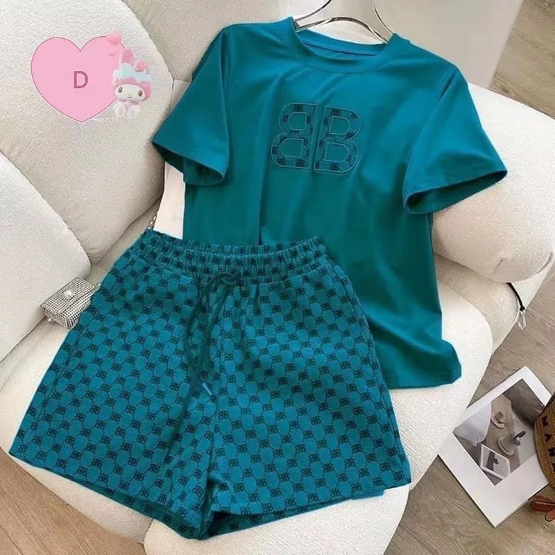 Summer Casual Embroidery Short Sleeve Shorts 2-Piece Set