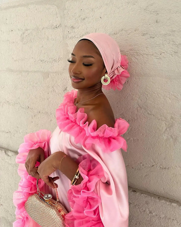Pretty Pink Kaftan Fuchsia Ruffles Long Robe Full Sleeves