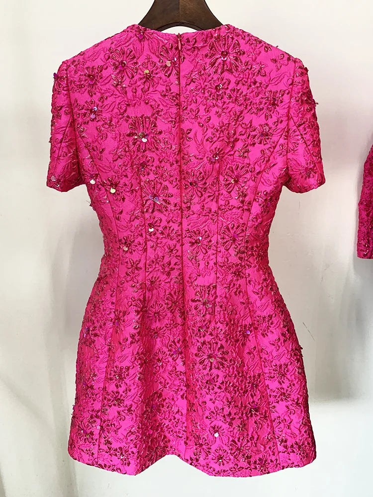 Beaded Floral Jacquard Trimmed Dress