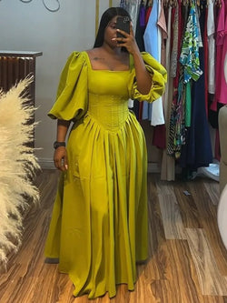 Square Neck Puff Sleeve Backless Bandage A-Line Long Dress