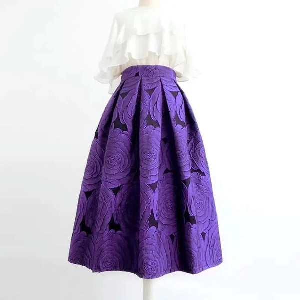 Purple Floral Elegant Chic High Waist Knee-Length Long Skirt