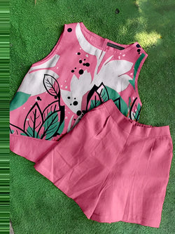 Vacation Loose Floral Asymmetrical Hem Top Solid Shorts Summer Suits