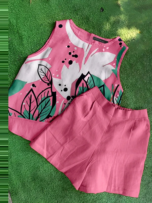 Vacation Loose Floral Asymmetrical Hem Top Solid Shorts Summer Suits