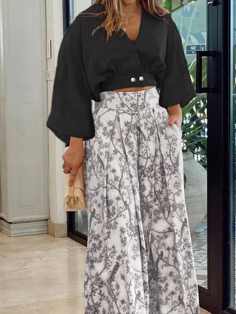 V-neck Long Sleeve Shirt And Blouses Crop Top Straight Wide Leg Pants