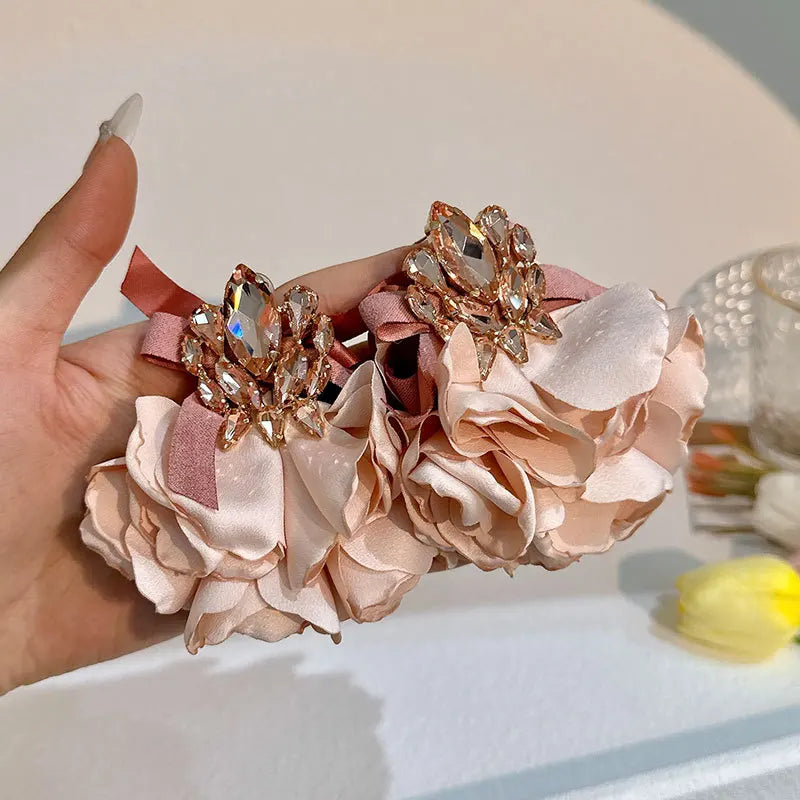 Charm Crystal Cubic Zircon Fabric Flower Big Earrings