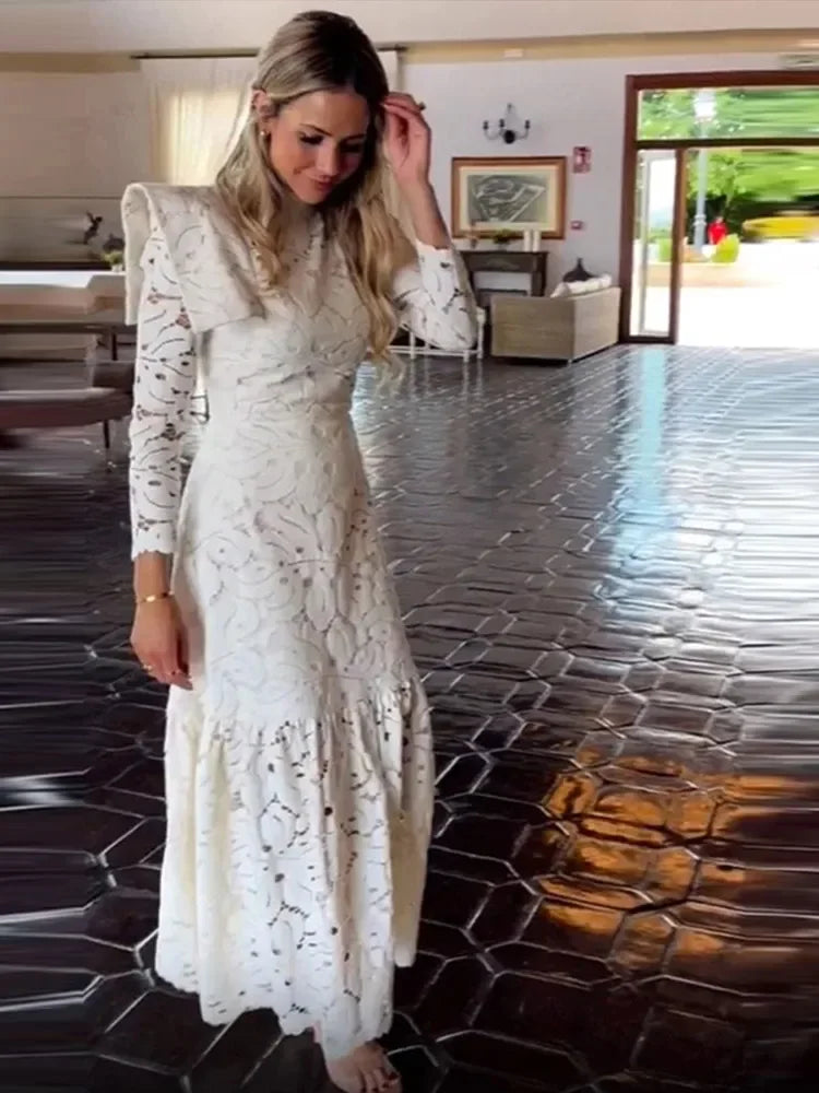 Elegant Lace High Collar Long Sleeve Slim Solid Dress