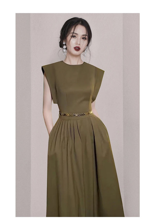 Elegant Long O Neck Sleeveless Pockets Slim Waist Dress With Belt
