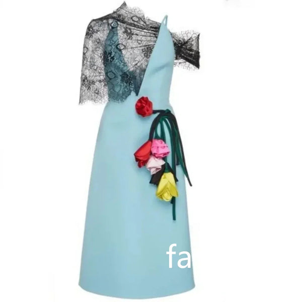 Pleat Flower A-line One-shoulder Midi Dress