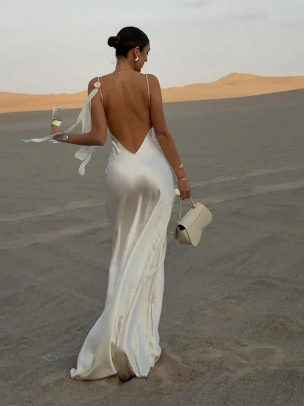 Elegant Satin Strap Backless Long Dress