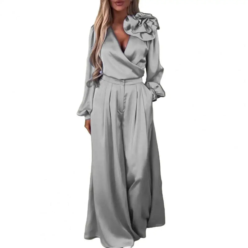 Flower Satin V Neck Long Sleeve Blouse High Waist Wide Leg Trousers