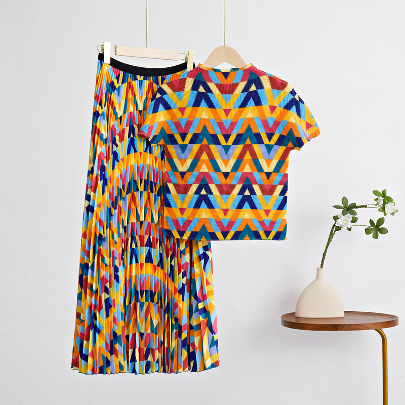 Pleated Style Long Pleated High Grade Pleated Half Skirt + Printed Top