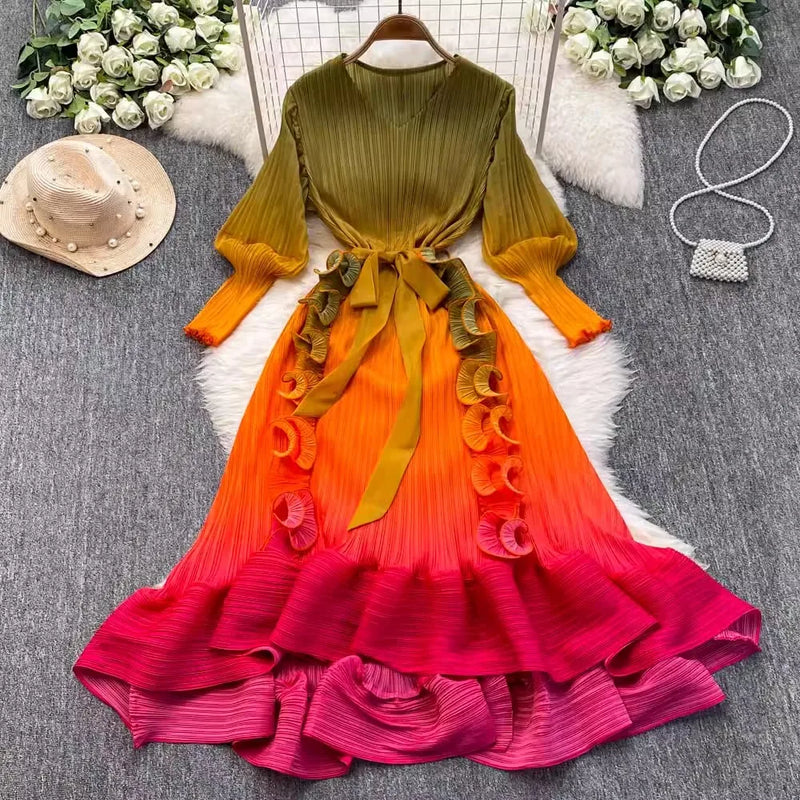 Ruffles Splice Gradient Color Pleated Dresses