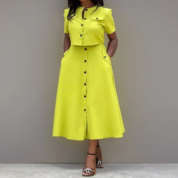 Button Top High Waist Skirt 2-piece Suit Woman